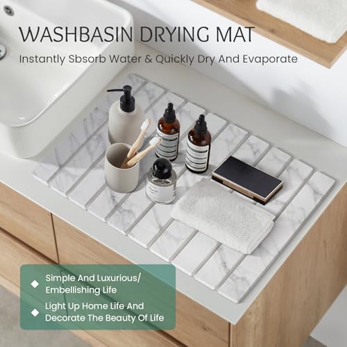 Stone Dish Drying Mat Collapsible Diatomaceous Earth Absorbent Mat Quick Dish Drying Pad Dish Rack Pad Match Any Counterto Multiple Usage for Kitchen,Bathroom (White Marble Pattern, 24"L x 16"W)