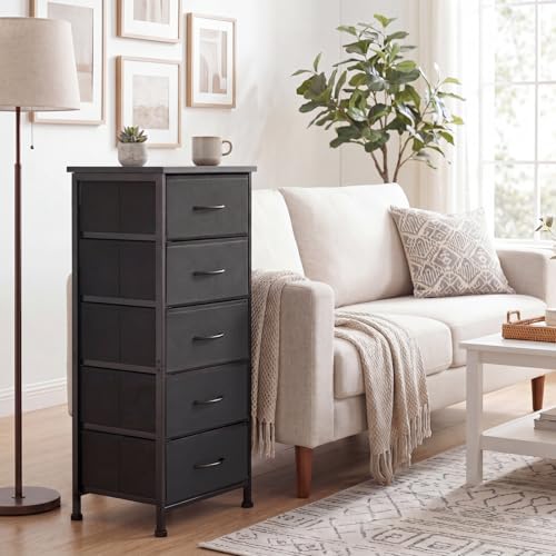 Fixwal Tall Skinny Dresser with 5 Fabric Drawers, Slim Dresser,Black | 33.8in height, 15.7in width, wooden top, breathable non-woven fabric, anti-tipping fittings, stable steel frame