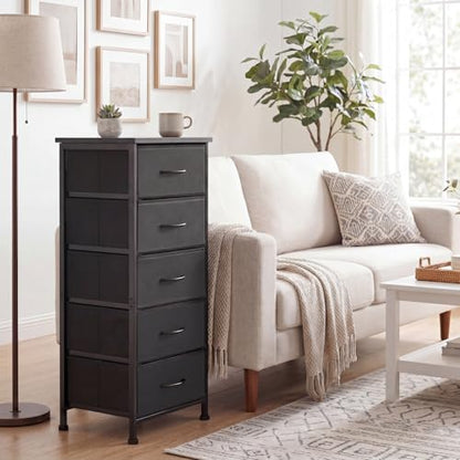 Fixwal Tall Skinny Dresser with 5 Fabric Drawers, Slim Dresser,Black | 33.8in height, 15.7in width, wooden top, breathable non-woven fabric, anti-tipping fittings, stable steel frame