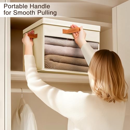 Large Storage Bins with Lids - 4 Pack Foldable Decorative Organizers with Clear Windows & Handles, Cube Storage Organizers for Clothes, Blankets, Sweaters, Sheets, Beige