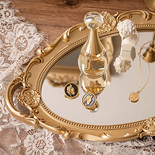 Sooyee Decorative Gold Mirror Tray with Handle 14" x 9.8" | Vintage Tray for Bathroom Vanity, Dessert & Coffee Table, Jewelry, Perfume, Makeup Organizer Display Tray,Home Decor