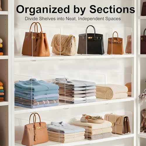 Purse Organizer for Closet Shelf Dividers: Clear Acrylic 8-Pack | Adjustable Bag Storage Organizer for Handbags, Sweaters, Towels, Jeans and Shoes on Wood Shelves