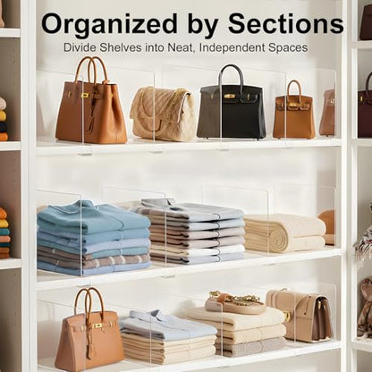 Purse Organizer for Closet Shelf Dividers: Clear Acrylic 8-Pack | Adjustable Bag Storage Organizer for Handbags, Sweaters, Towels, Jeans and Shoes on Wood Shelves