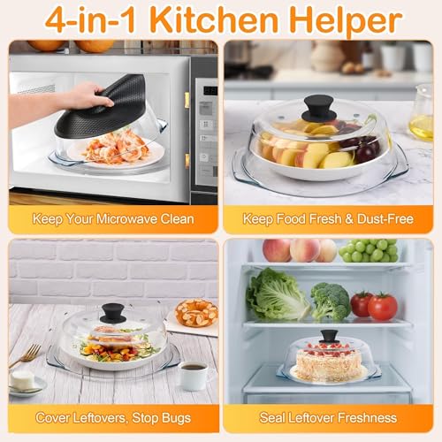 Glass Microwave Splatter Cover for Food with Microwave Place Mat - Sturdy Plate Guard Lid with Vent Holes and Easy-Grip Silicone Handle - BPA Free, Dishwasher Safe (Black)