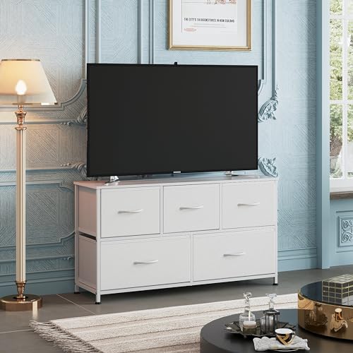 WLIVE Wide Dresser for Bedroom, 5 Drawer Chest of Drawers, White | 5 roomy fabric drawers, Wide storage design, Bedroom or closet use, Sturdy steel frame, Smooth wood tabletop