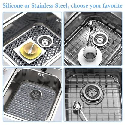 2 Pack Silicone Sink Protector Mat for Kitchen Sink Rear Drian Gray | 13-9/16" x 11-5/8" Non-Slip Heat-resistant and Durable Silicone Grid