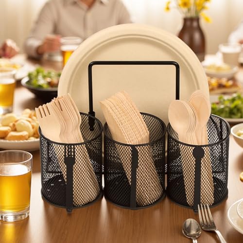 Utensil Caddy Silverware Holder for Party, Metal Mesh Cutlery Storage Organizer for Forks Spoons Napkins Plates, Perfect for Kitchen, Buffet, Picnic, Camping & Outdoor BBQ