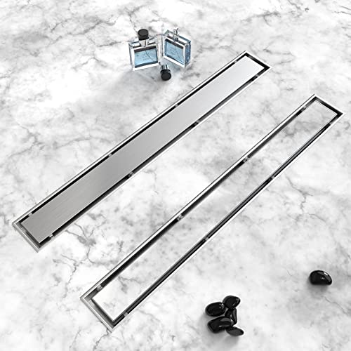 2-in-1 Linear Shower Drain 24" Brushed Nickel, with Tile Insert Grate | 304 Stainless Steel, Rectangle Shower Floor Drain, with Leveling Feet, for Bathroom, Kitchen, Remodel Shower, Tile Floor
