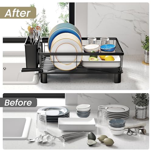 SNTD Dish Drying Rack for Small Kitchen Counter | Space Saving, Rotating Spout & Angled Drainboard for Quick Drainage, Stainless Steel, Removable Utensil Holder