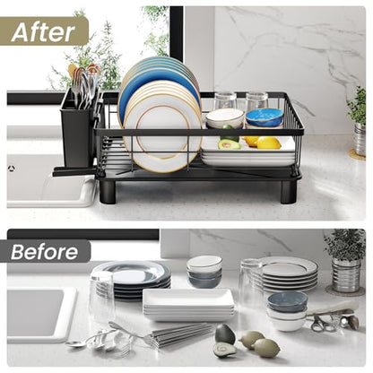 SNTD Dish Drying Rack for Small Kitchen Counter | Space Saving, Rotating Spout & Angled Drainboard for Quick Drainage, Stainless Steel, Removable Utensil Holder