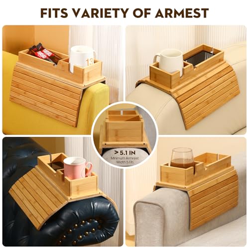 Bamboo Couch Arm Tray with Detachable Cup Holder, 2 in 1 Foldable Anti-Falling Design for Cups, Snacks, Remote, Cellphone