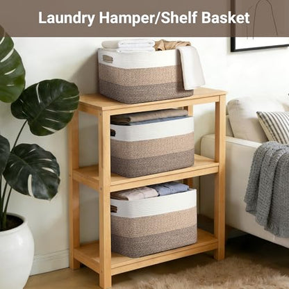 75L Large Woven Storage Basket, Cotton Rope Laundry Hamper with Handles, 22”x17”x12” Rectangle Blanket Basket for Toys, Clothes, Pillows, Nursery and Living Room, Gradient Brown/White