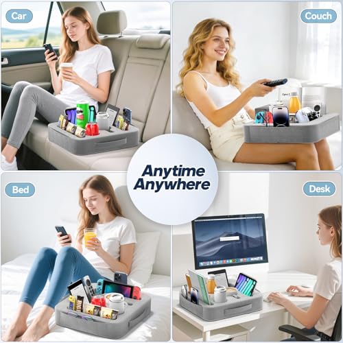Couch Cup Holder Tray, Couch Caddy for Drink, Snack, Phone, Remote, Ipad, Game Controller, Large-size Sofa Cup Holder for Bed, Sofa, Car, Desk, Gray