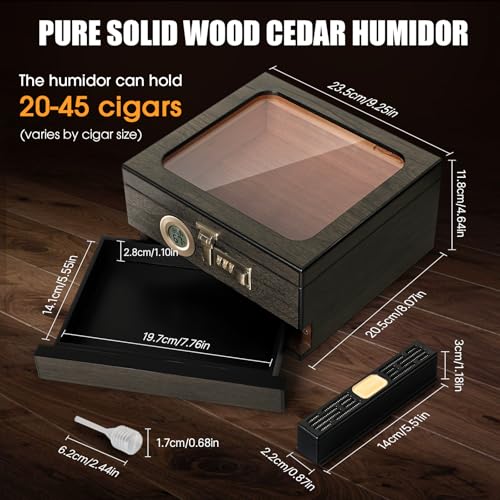 Tesonway Cigar Humidor,Cedar Wood Humidor Cigar Box,Glass Top Desktop Humidor with Digital Thermo-Hygrometer, Humidifier, Divider, Accessories Drawer and Combination Lock,Cigar Gift for Men