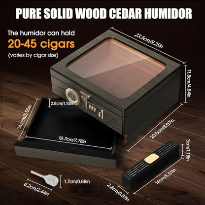 Tesonway Cigar Humidor,Cedar Wood Humidor Cigar Box,Glass Top Desktop Humidor with Digital Thermo-Hygrometer, Humidifier, Divider, Accessories Drawer and Combination Lock,Cigar Gift for Men