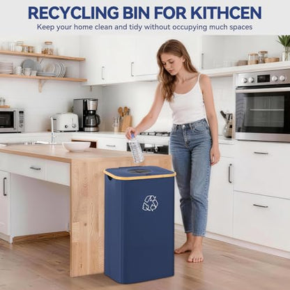 Recycling Bin for Kitchen, 26 Gallon 100L Indoor Home Recycle Bin with Lid and 2 Removeable Reusable Inner Bags, for Bottles, Cans, Glass, Plastic & Stickers, Blue