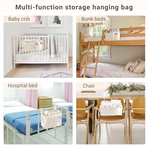 Mkono Bedside Caddy, Macrame Hanging Organizer, 4 Pockets Ivory Metal Hooks | Dorm Room Essentials, Boho Storage, Bunk Loft Bed Bedroom Nursery, Laptop Phone Remote Magazine Glasses, Fixed Straps