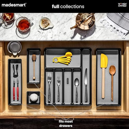 madesmart Classic 3 Bin Drawer Organizer Set, Granite | non slip feet, rounded corners, modular layout, mixed sizes, custom fit, office craft supplies, makeup tools, woman owned
