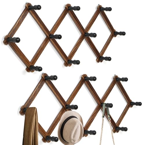 WGFKVAS 2 Pack Accordion Hat Rack for Wall | Expandable Coat Rack & Wall Mounted Hat Holder - Wooden Wall Hanger with 10 Peg Hooks for Coats, Baseball Caps, Keys & Mugs