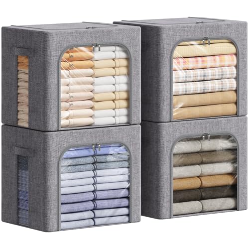 Clothes Storage Bins with Metal Frame, Stackable S... (4 Count | Light Gray)