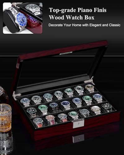 ANWBROAD 21 Slot Watch Cases for Men, Watch Box Organizer with Large Glass | Red Piano Finish, Lid Lockable Wooden Watch Display Case, Watch Organizer for Men Women Watch Holder, Watch Storage UJWB004Y