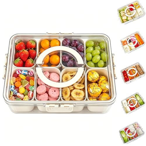 Bandesun Divided Serving Tray with Lid and Handle - Snackle Box Charcuterie Container for Portable Snack Platters - Clear Organizer for Candy, Fruits, Nuts, Snacks - Perfect for Party, Entertaining