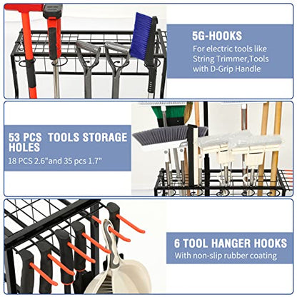 Garden Tool Organizer for Garage, Garden Tool Rack, Up to 58 Long Handled Tools, Yard Tool Holder for Garage, Shed, Outdoor, Tool Stand, Black (Garden Tool Rack)