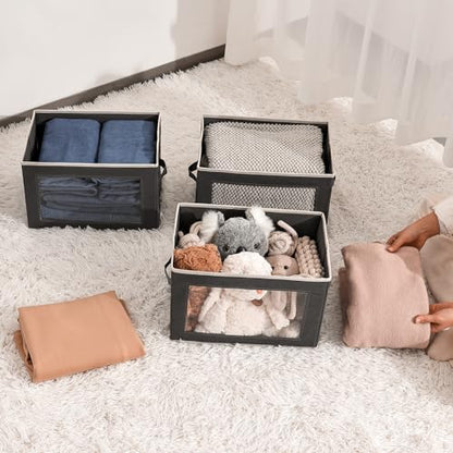 Storage Bins with Lids - Fabric Storage Boxe with Window, Collapsible Closet Organizers with Handles, 3 Pack Decorative Bin, Home Cubes Baskets for Clothes, Hat, Books, Dark Grey