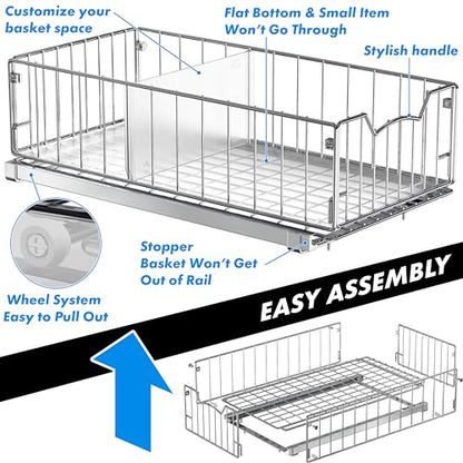 Simple Houseware Pull-Out Cabinet Sliding Basket, 17.2Dx9.7Wx5H, Chrome | Ideal for Kitchen and Bathroom Cabinet Storage Organizer, Under Sink or Pantry Organization