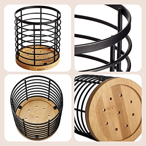 WDT Tool Utensil holder for Kitchen Counter - 5.2" x 5.2" x 6" Large Round with Wooden Base Matte Black Cooking Utensil Holder Utensil Organizer (Metal+Bamboo)