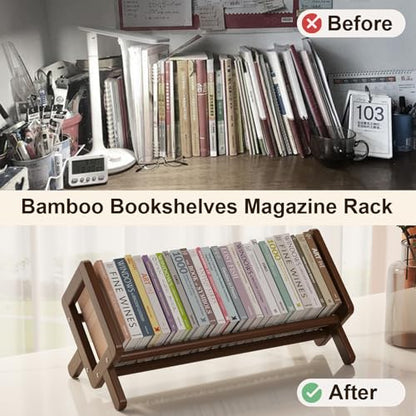 Premium Desktop Bookshelf, Bamboo Desk Bookshelf, Retro Brown Book Rack Shelf Organizer, Stable Bookshelves Storage, Tabletop Large Magazine Holder Racks for Magazines, Books, Files