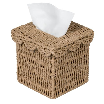 CubesLand Square Wicker Tissue Box Cover W/Scalloped Lid for Home Decor | Handwoven Rattan Facial Tissues Boxes Fits Living Room Table Decor, Rustic Farmhouse Boho Bathroom Decorative, Neutral