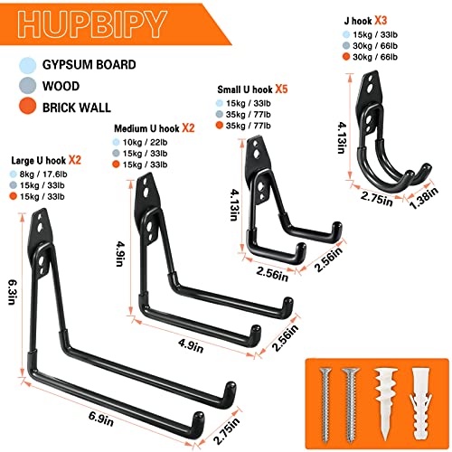 HUPBIPY 12 Pack Garage Hooks Heavy Duty, Wall Mount Ladder Hooks | Storage Organizer With a non-slip coating for Hanging Bicycles Garden Tools Ladders Hoses Ropes and Loose Items(Black)