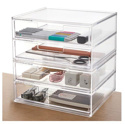 STORi Stackable Desk Drawer Organizer, Clear Pen Pencil Makeup Brush Holder for Desktops and Vanities, 4 Wide Drawers (Made in USA)