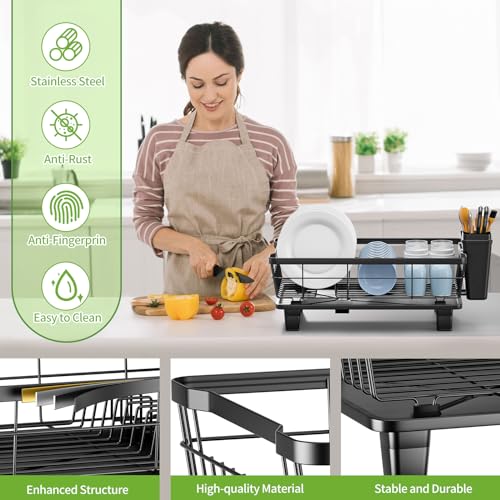 Small Dish Drying Rack, Space Saving Dish Racks for Kitchen Counter, Kitchen Organizer Dish Drainer with Cutlery Holder for Spoons and Forks, 11''W x 15''L, Black