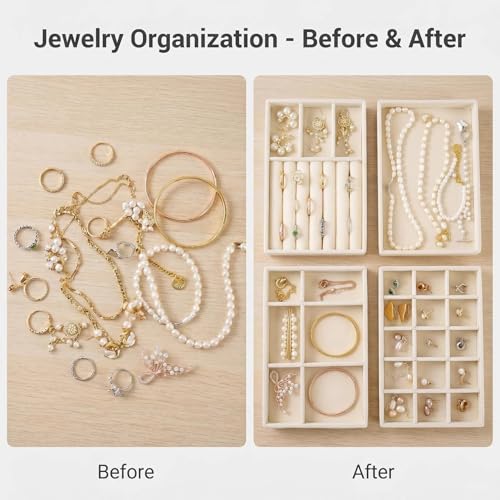Velvet Jewelry Organizer for Drawer, Stackable Jewelry Drawer Inserts in Dresser, 8in Beige Storage Display Case for Rings Stud Necklaces Accessories, Set of 4
