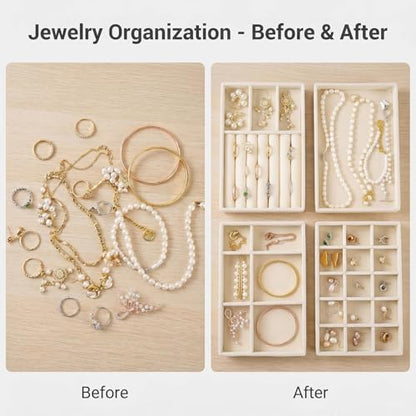 Velvet Jewelry Organizer for Drawer, Stackable Jewelry Drawer Inserts in Dresser, 8in Beige Storage Display Case for Rings Stud Necklaces Accessories, Set of 4