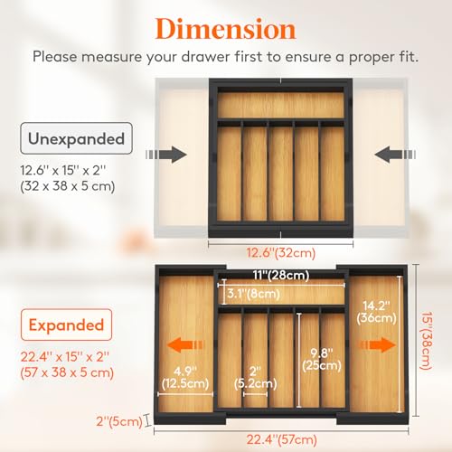 Silverware Drawer Organizer, Expandable Utensil Tr... (Natural & Black | Bamboo)