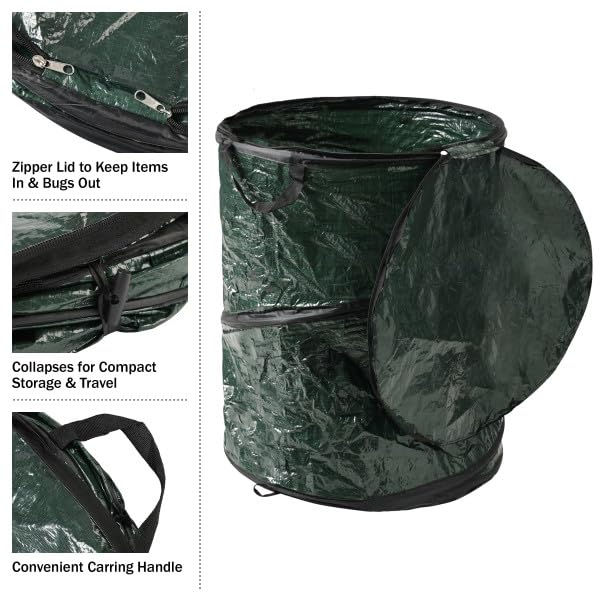 Collapsible Trash Can - Pop Up 44-Gallon Outdoor Portable Garbage Bag Holder with Zippered Lid - Recycle Bin for Camping or Parties by Wakeman (Green)