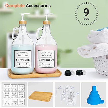 2 Pcs Glass Laundry Detergent Dispenser Bottle, Liquid Laundry Soap Dispenser for Laundry Room, 64oz Detergent Bleach Softener Dispenser for Farmhouse Decor, Includes Bamboo Pumps Tray Funnel Labels