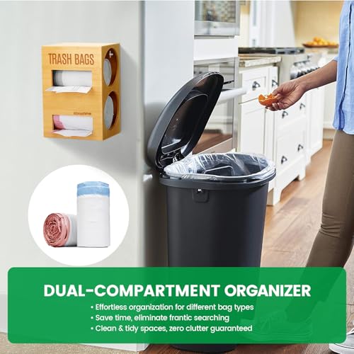 Dual Roll Bamboo Trash Bag Dispenser and Holder, Wall Mount | Fits standard 13-33 gallon rolls up to 5.2 in diameter. Measure bulk rolls before ordering