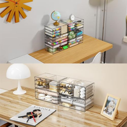 2 Pack Acrylic Drawer Organizer With 6 Drawers,Stackable 11.1” Large Clear Storage Drawers and Makeup Organizer For Vanity,Bathroom Countertop,Cabinet,Pantry,Office Supply Storage Bins Drawers