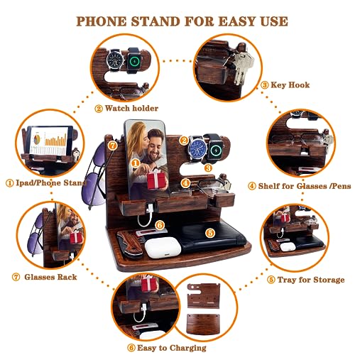 VEIYAILU Gifts for Men Women Dad Husband Boyfriend Wood Phone Docking Station Nightstand Organizer for Men Birthday Gifts (Dark Brown)
