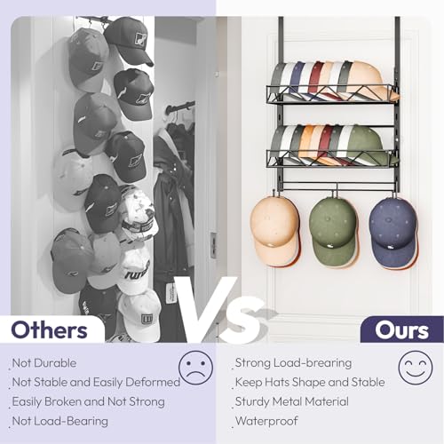 Over Door Hat Organizer - 3 Tier Wall Mounted Hat Rack with 2 Adjustable Metal Basket and 3 Hooks, Hanging Baseball Cap Organizer Storage Holds up to 29 Caps for Door, Bedroom, Closet