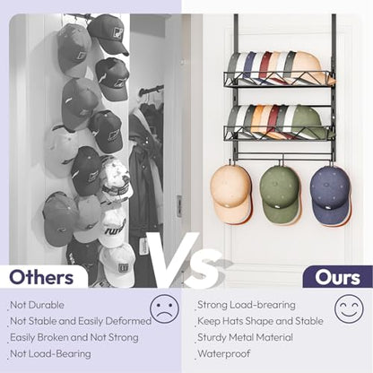Over Door Hat Organizer - 3 Tier Wall Mounted Hat Rack with 2 Adjustable Metal Basket and 3 Hooks, Hanging Baseball Cap Organizer Storage Holds up to 29 Caps for Door, Bedroom, Closet