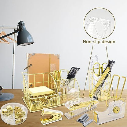 Office Desk Organizers, Gold 13PCS Office Supplies and Accessories Desk Organizer, Acrylic Stapler, Staple Remover, Clips, Scissor, Phone Holder, Pen, Pen Holder