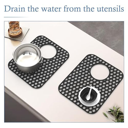 2 Pack Silicone Sink Protector Mat for Kitchen Sink Rear Drian Black | 13-9/16" x 11-5/8" Non-Slip Heat-resistant and Durable Silicone Grid