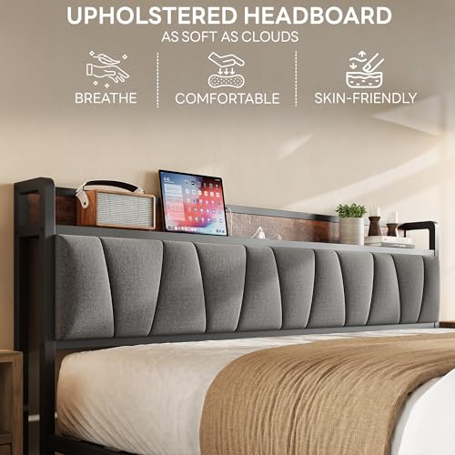 LIKIMIO King Size Bed Frame, Storage Headboard with Charging Station, Solid and Stable, Noise Free, No Box Spring Needed, Easy Assembly