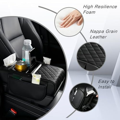 Upgraded 5 in 1 Car Center Console Cover, Leather Car Armrest Cushion with Side Storage Bags, Cup Holder, Tissue Box and Phone Stand, Universal Interior Accessory for Most Vehicles
