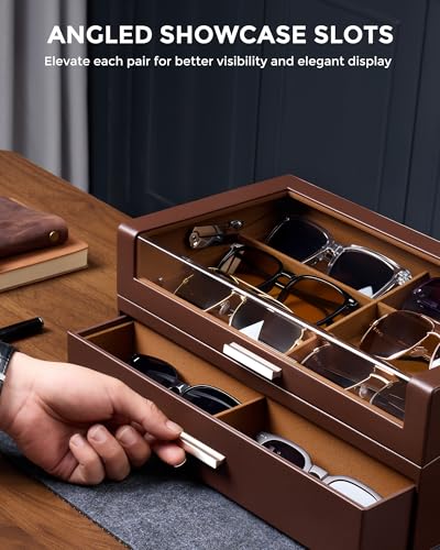 ProCase 12 Slots Sunglasses Box with L-Shaped Clear Lid -Espresso | Multiple Pairs Glasses Display Organizer Eyewear Eyeglass Eye Glass Storage Holder with Drawer for Men Women